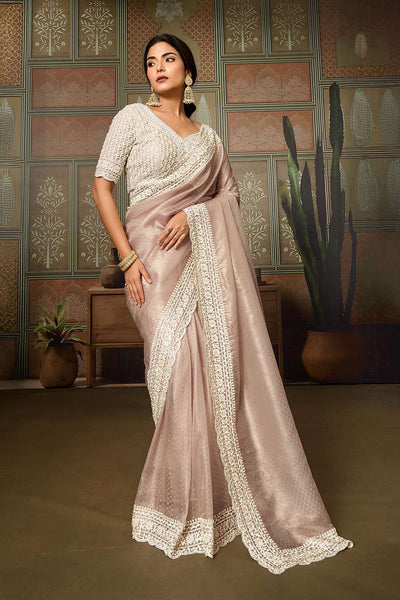 Corina Peach Crush Organza White Embroidered Ready to Wear Saree