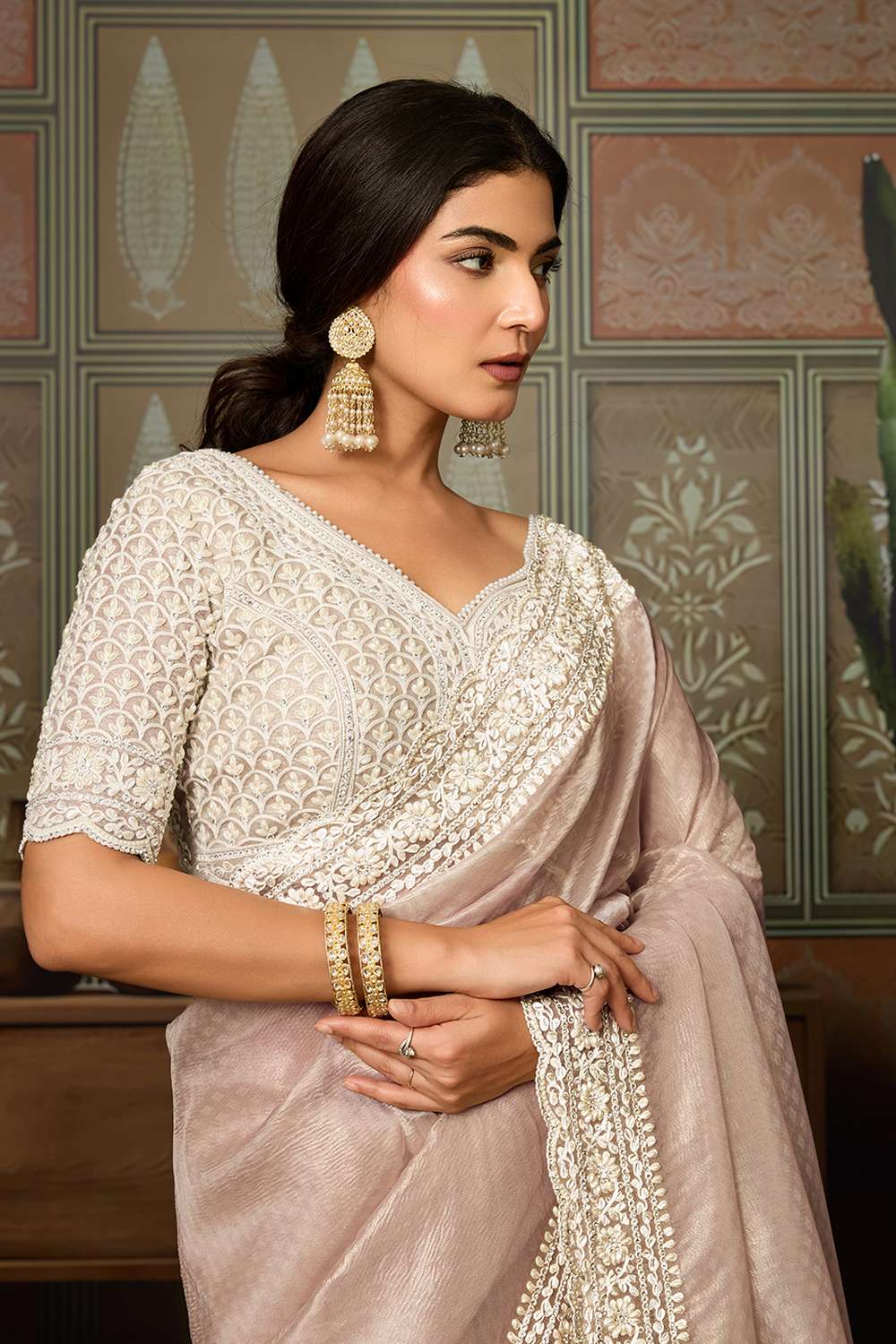 Corina Peach Crush Organza White Embroidered Ready to Wear Saree