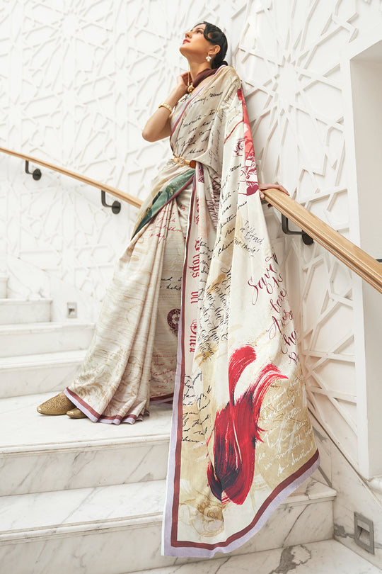 Kalamkari Cream Printed Pure Silk One Minute Saree