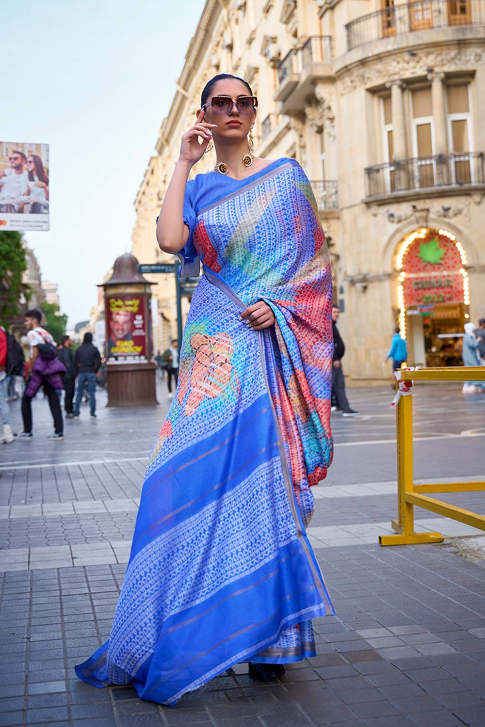 Leana Blue Print Viscose Crepe One Minute Saree