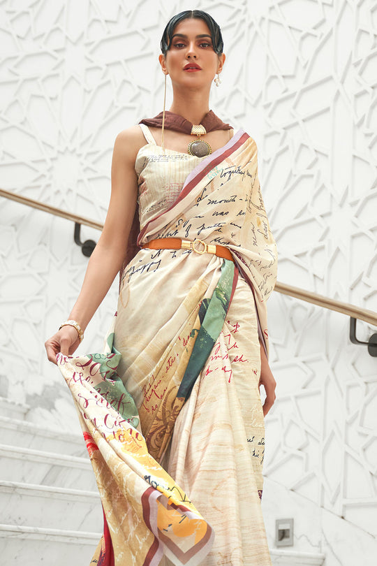 Kalamkari Cream Printed Pure Silk One Minute Saree