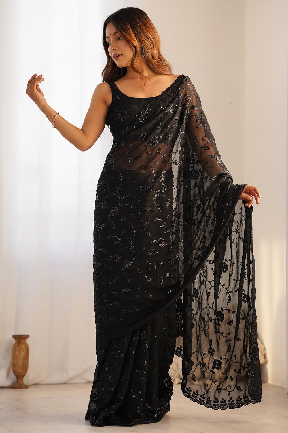 Daniella Black Georgette Embellished Ready to Wear One Minute Saree