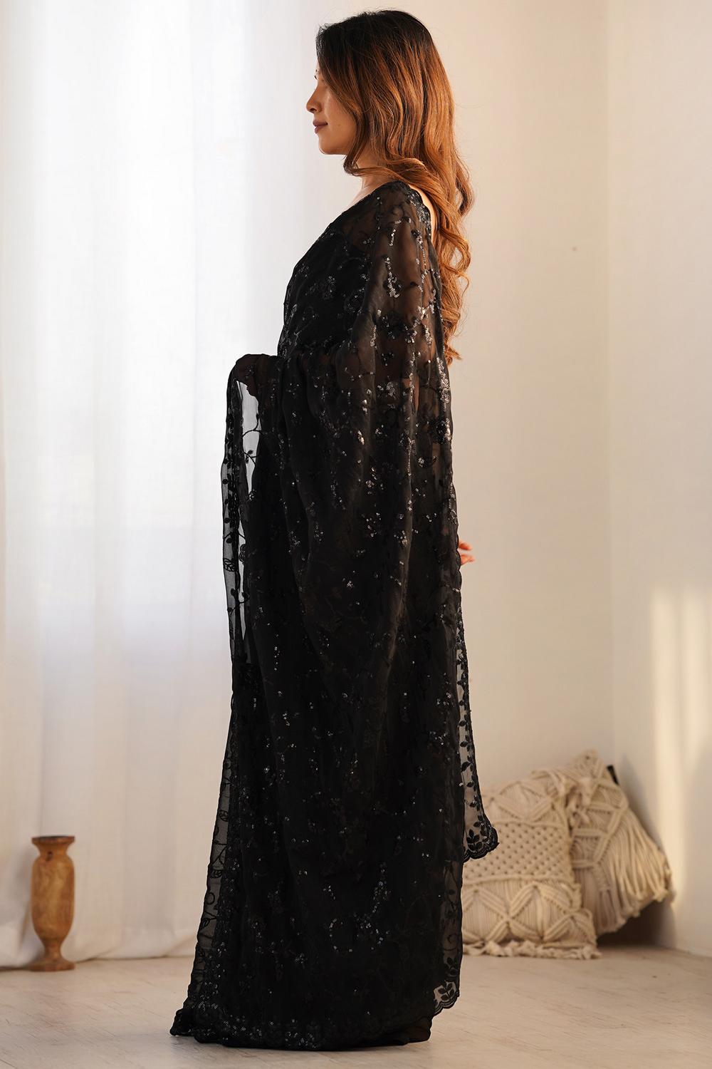 Daniella Black Georgette Embellished Ready to Wear One Minute Saree