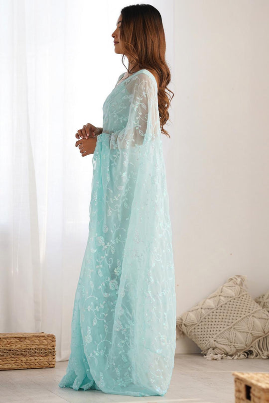 Tania Light Blue Georgette Embellished Ready to Wear One Minute Saree