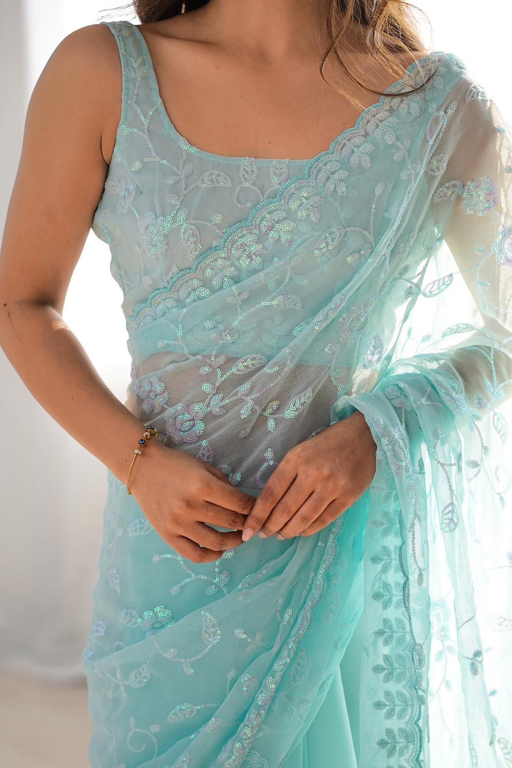 Tania Light Blue Georgette Embellished Ready to Wear One Minute Saree