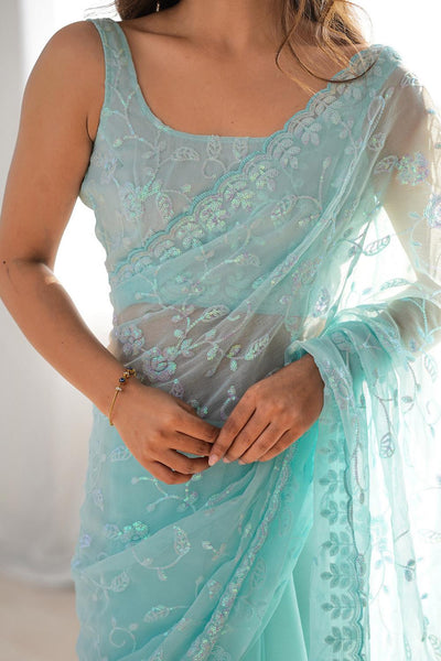 Tania Light Blue Georgette Embellished Ready to Wear One Minute Saree