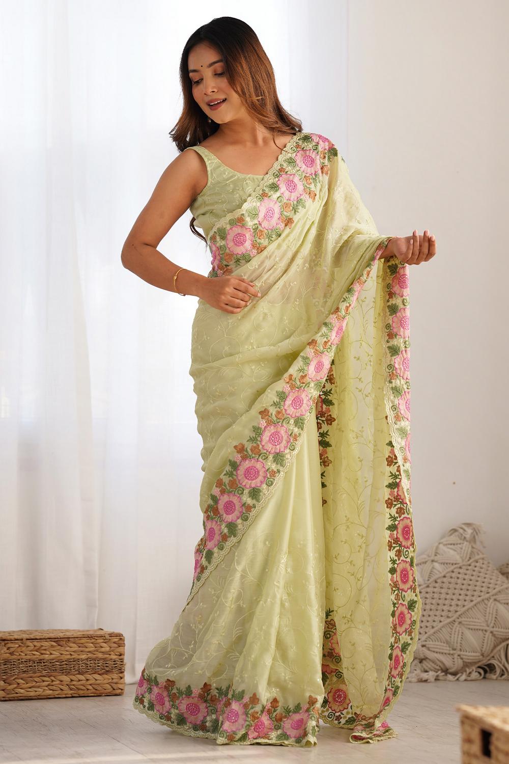 Buy Kesari Light Green Georgette Embellished Ready to Wear One Minute Saree
