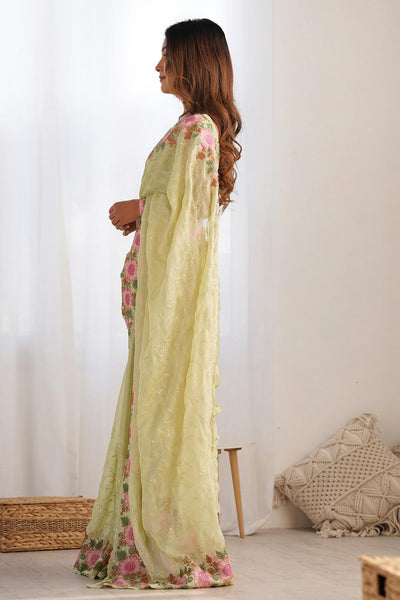 Tania Light Green Georgette Embellished Ready to Wear One Minute Saree