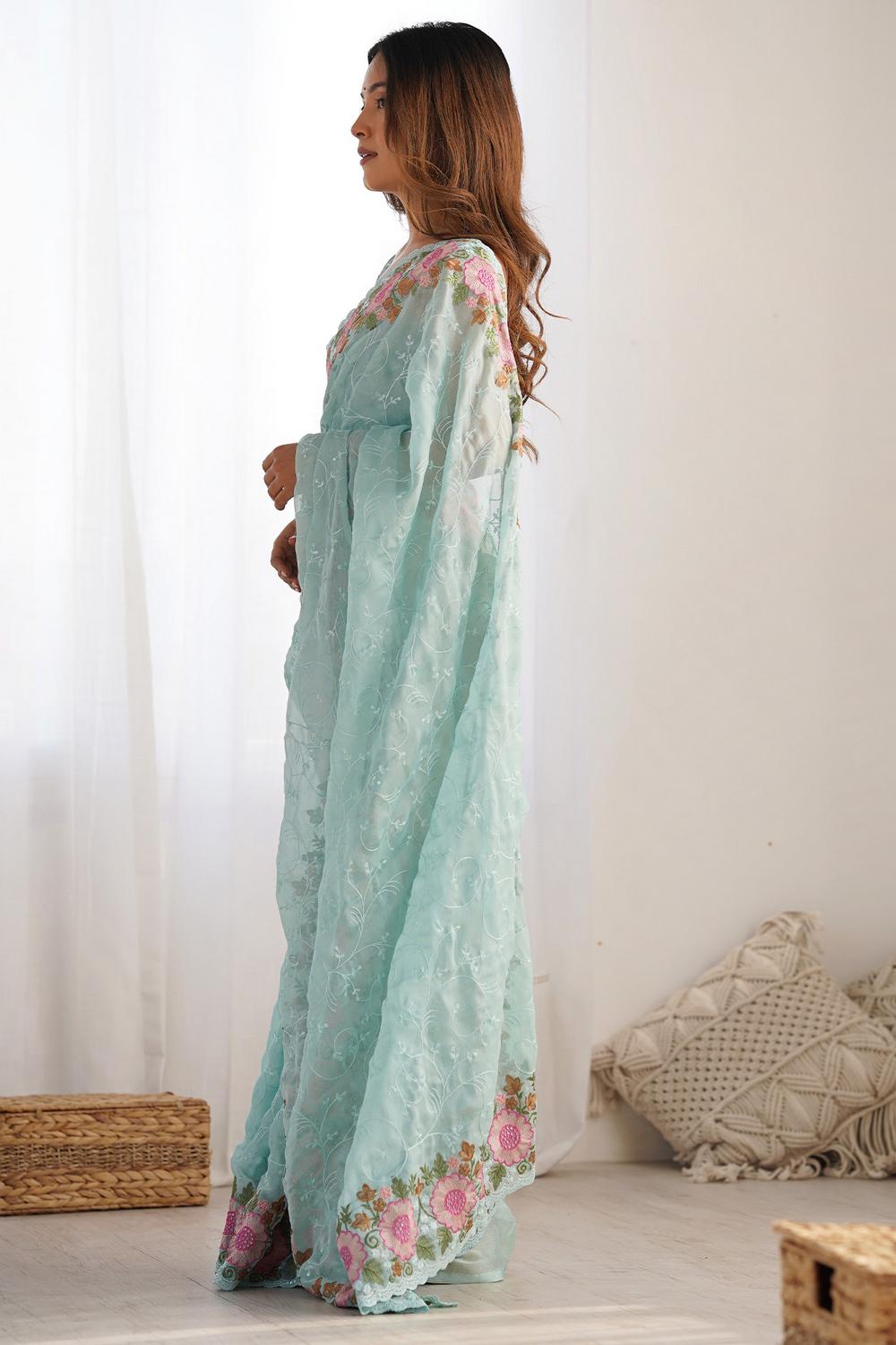 Lori Turquoise Georgette Floral Embellished Border Ready to Wear Saree