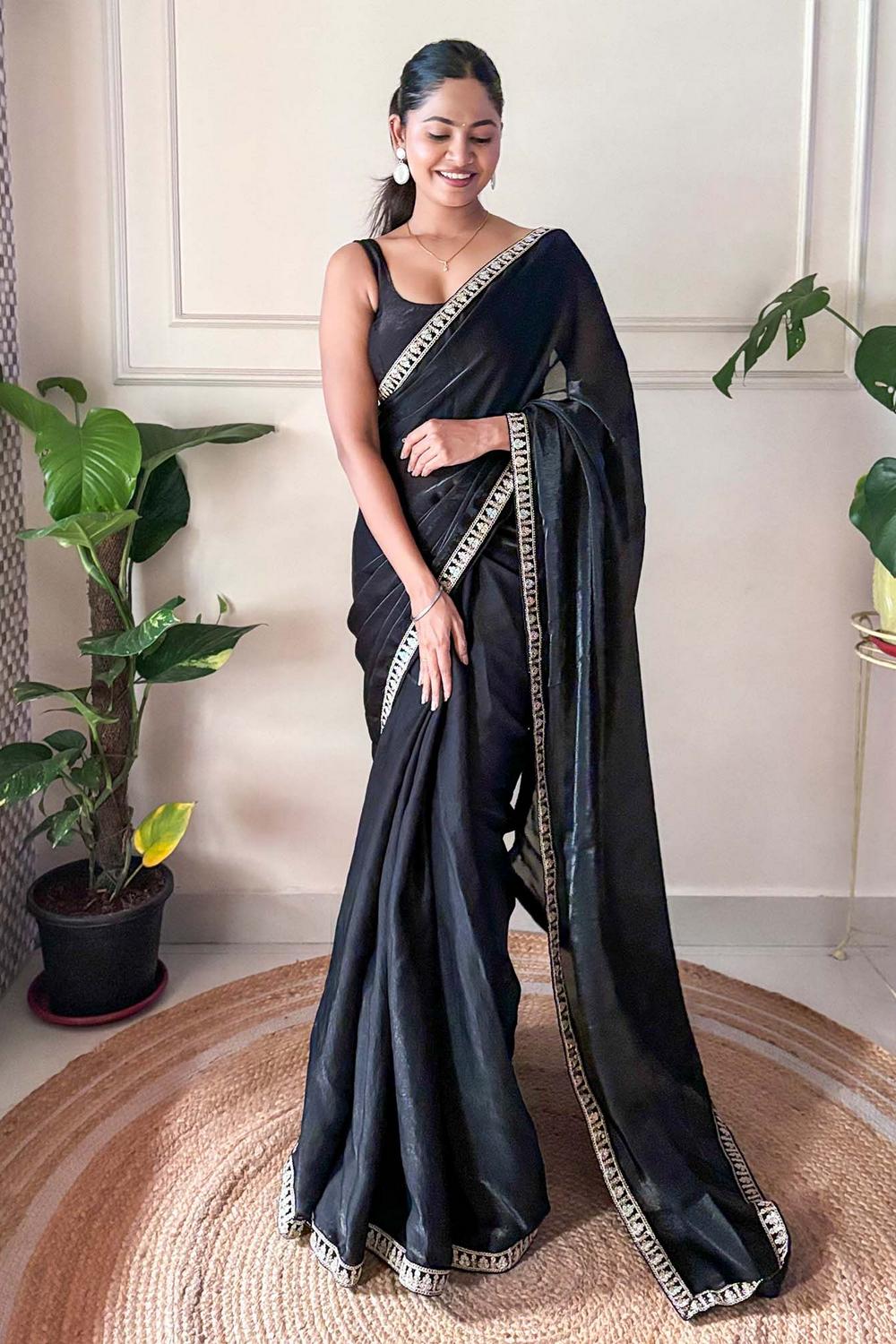 Anika Black Satin Silk Embellished Ready to Wear One Minute Saree