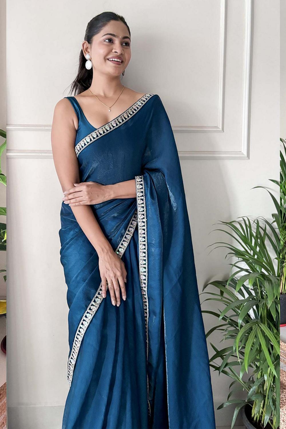 Anika Blue Satin Silk Embellished Ready to Wear One Minute Saree