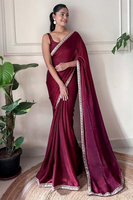 Anika Magenta Satin Silk Embellished Ready to Wear One Minute Saree