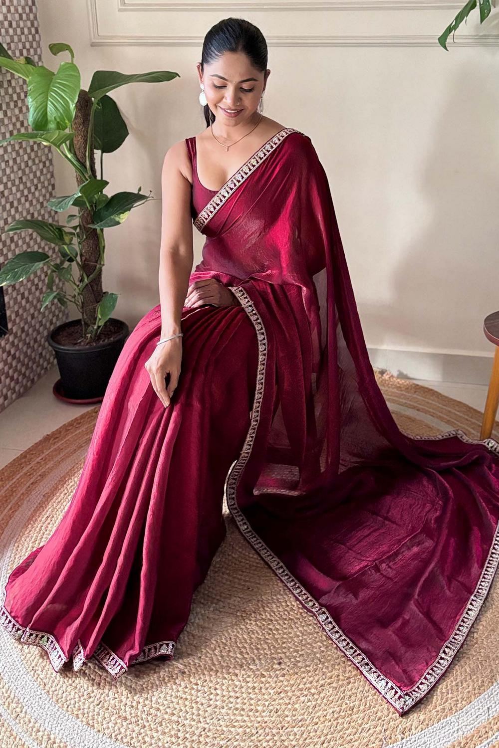Anika Magenta Satin Silk Embellished Ready to Wear One Minute Saree