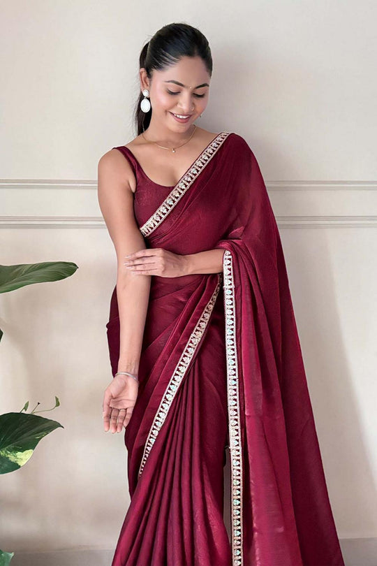Anika Magenta Satin Silk Embellished Ready to Wear One Minute Saree