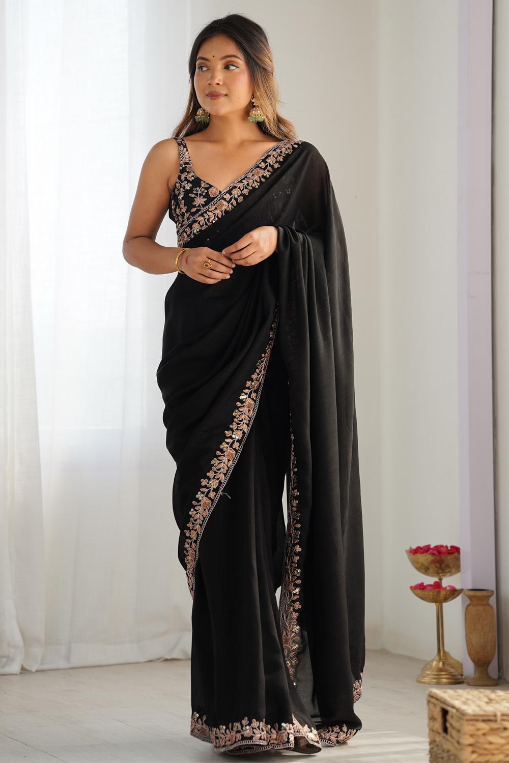 Buy Kesari Black Vichitra Silk Embellished Ready to Wear One Minute Saree