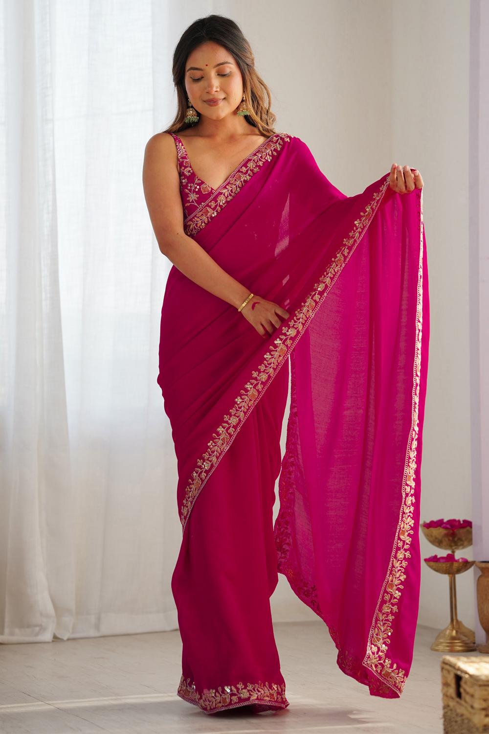 Buy Kesari Pink Vichitra Silk Embellished Ready to Wear One Minute Saree