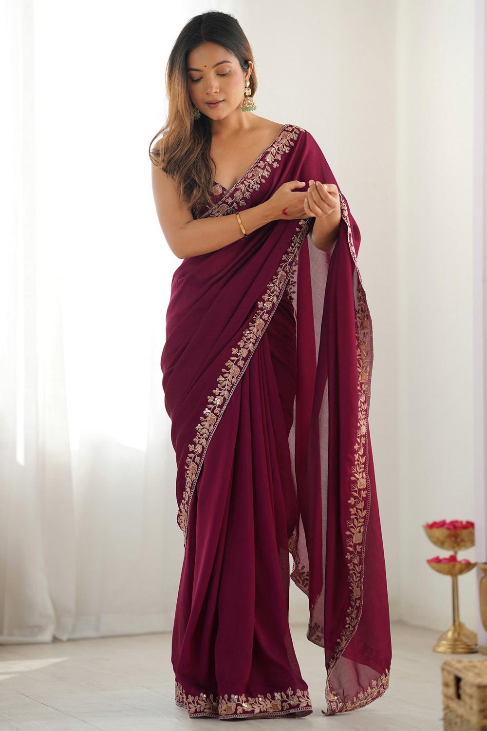 Aarya Magenta Vichitra Silk Embellished One Minute Saree
