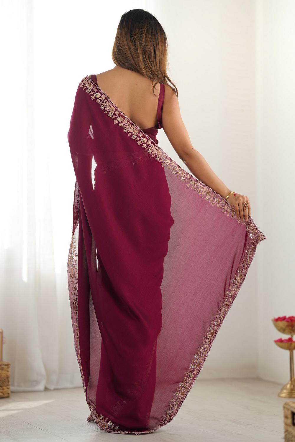 Aarya Magenta Vichitra Silk Embellished One Minute Saree