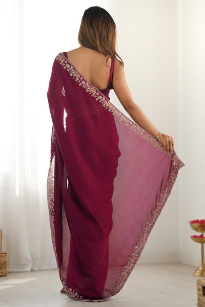 Aarya Magenta Vichitra Silk Embellished One Minute Saree