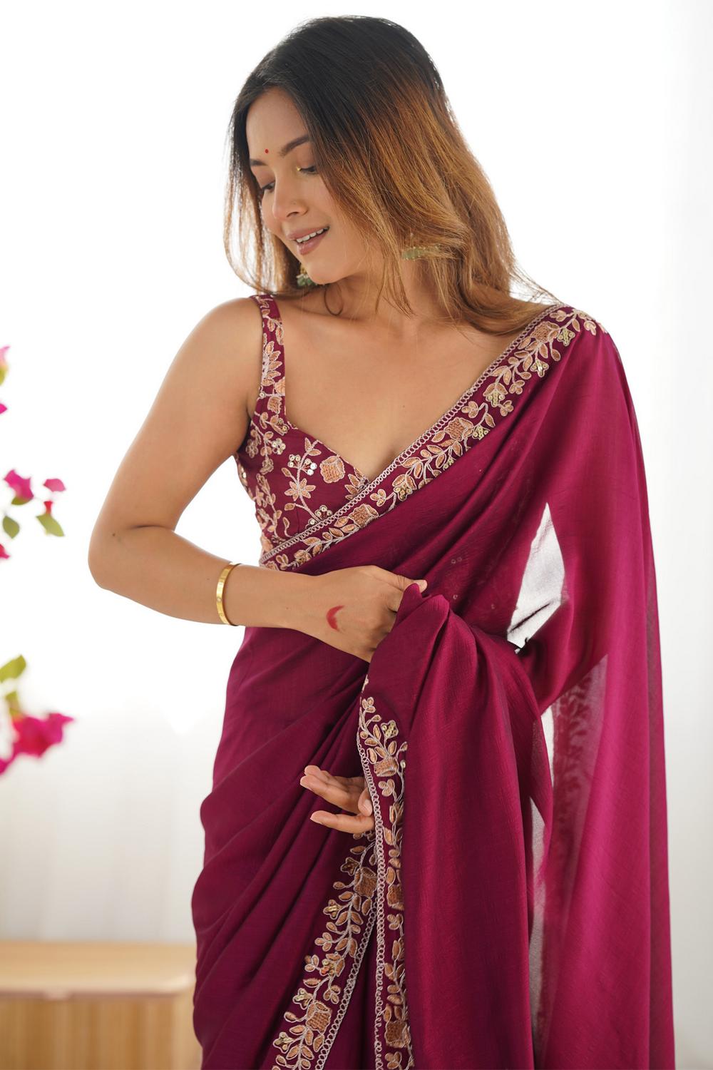 Aarya Magenta Vichitra Silk Embellished One Minute Saree