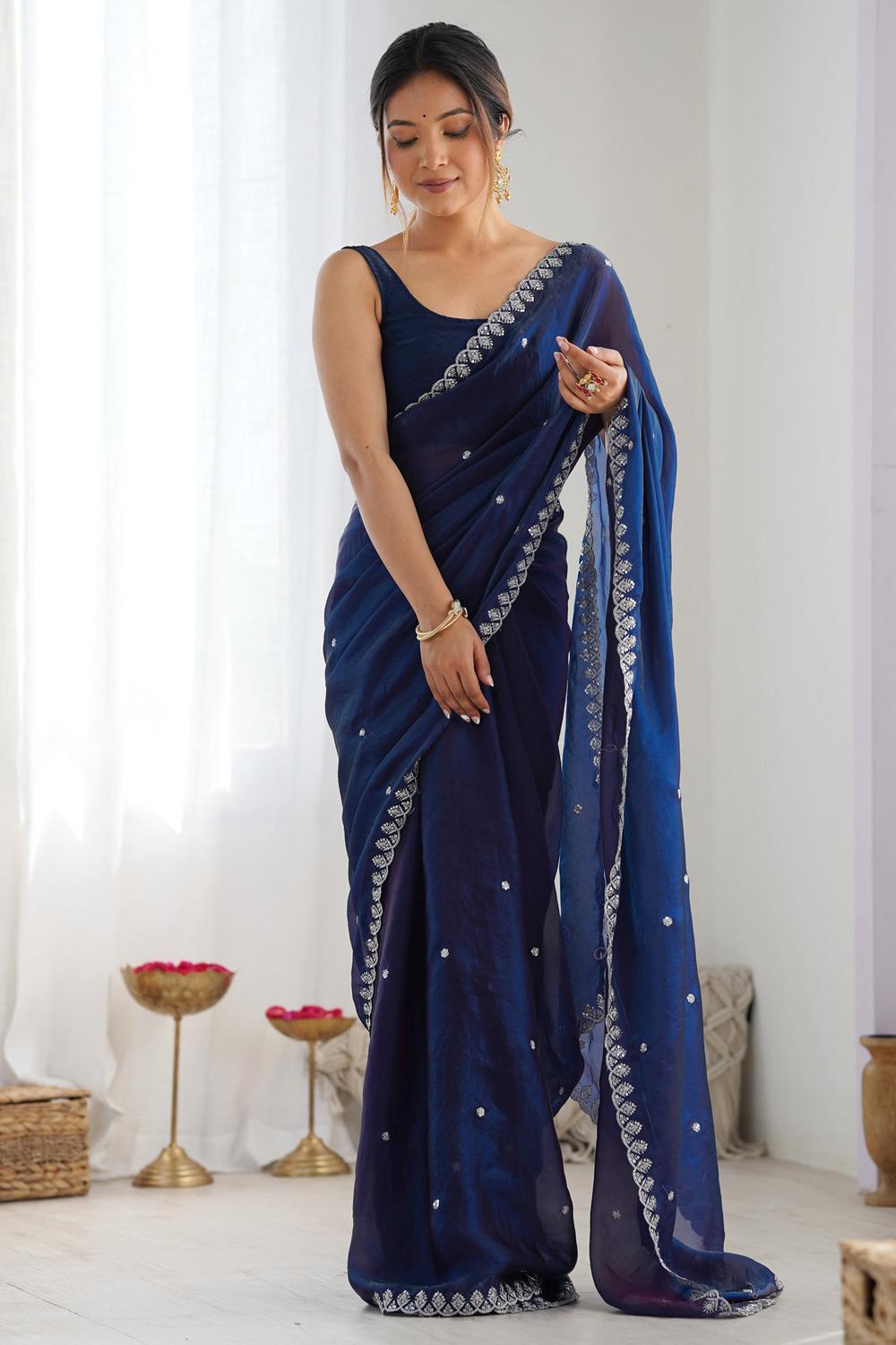 Mira Navy Blue Paper Silk Embroidered Ready to Wear One Minute Saree