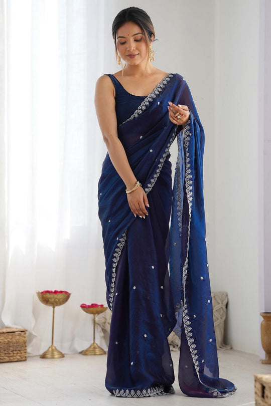 Mira Navy Blue Paper Silk Embroidered Ready to Wear One Minute Saree