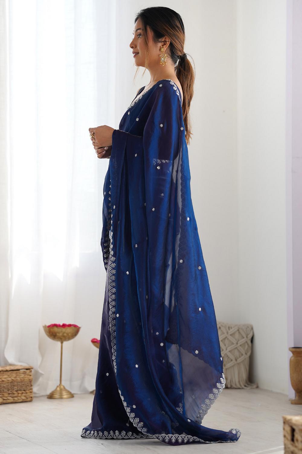 Mira Navy Blue Paper Silk Embroidered Ready to Wear One Minute Saree