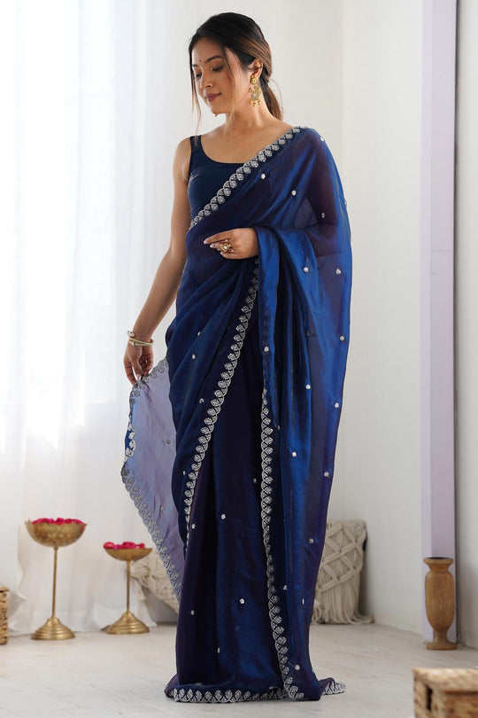Mira Navy Blue Paper Silk Embroidered Ready to Wear One Minute Saree