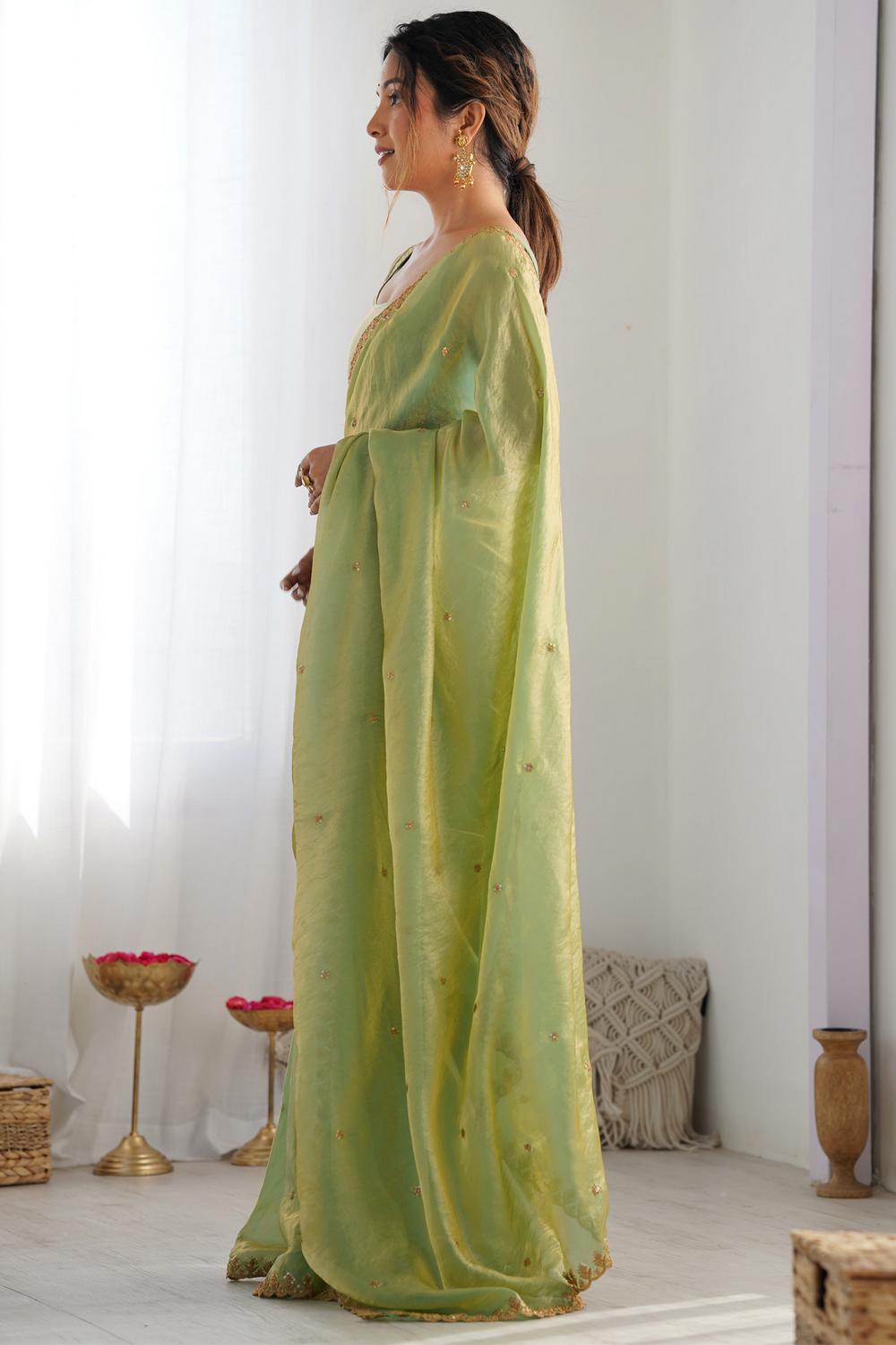 Mira Light Green Paper Silk Embroidered Ready to Wear One Minute Saree