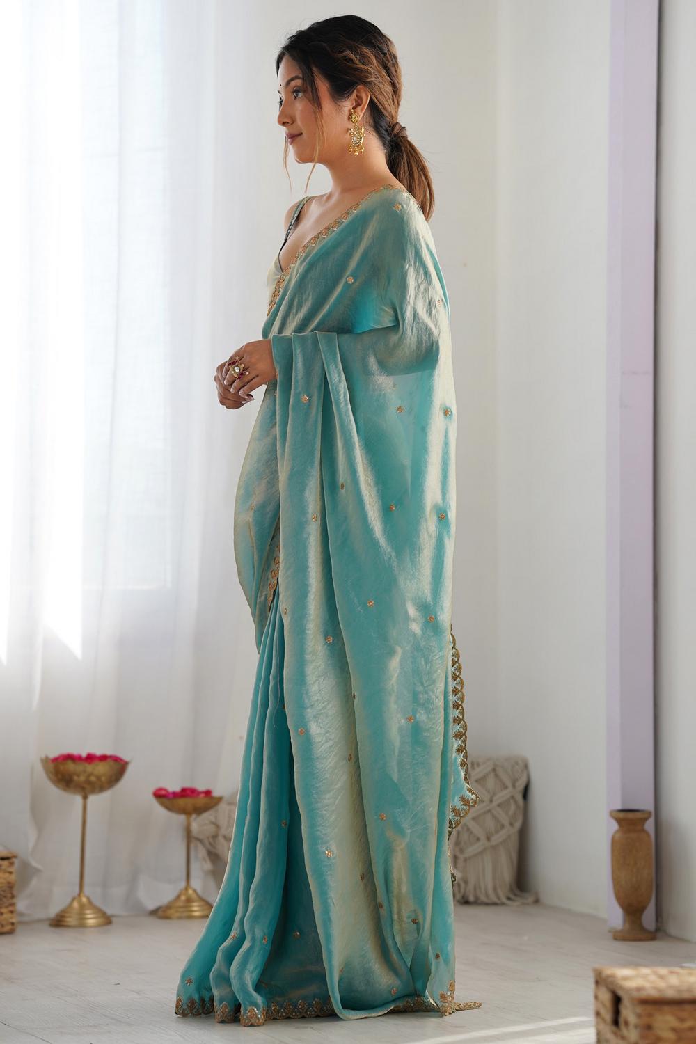 Mira Light Blue Paper Silk Embroidered Ready to Wear One Minute Saree