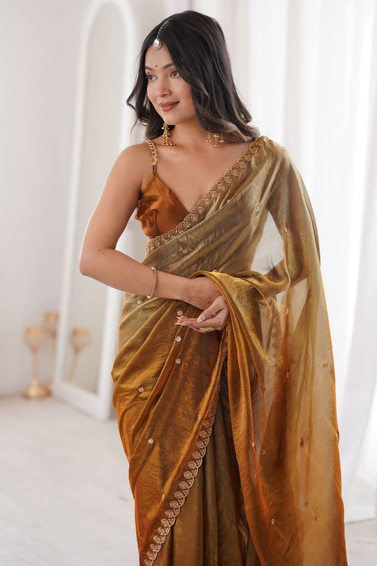 Jaslyn Mustard Ombre Satin Sequins Embellished Ready To Wear Saree