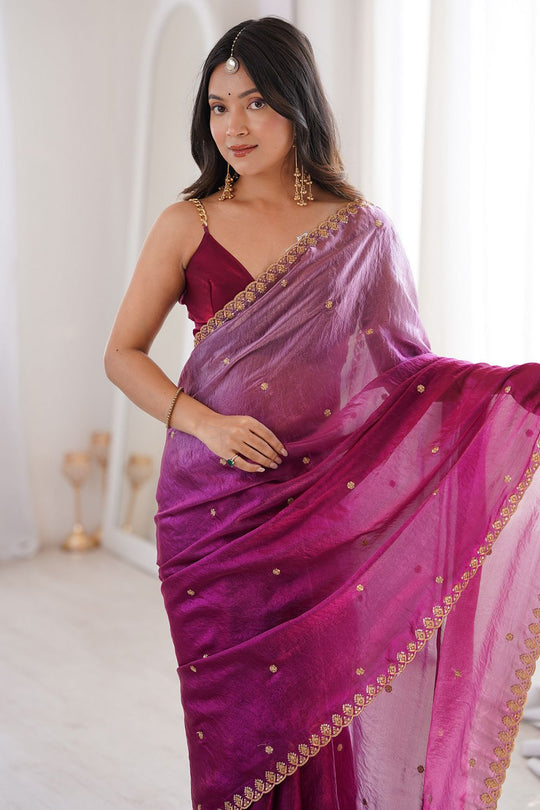 Jaslyn Magenta Ombre Satin Sequins Embellished Ready To Wear Saree
