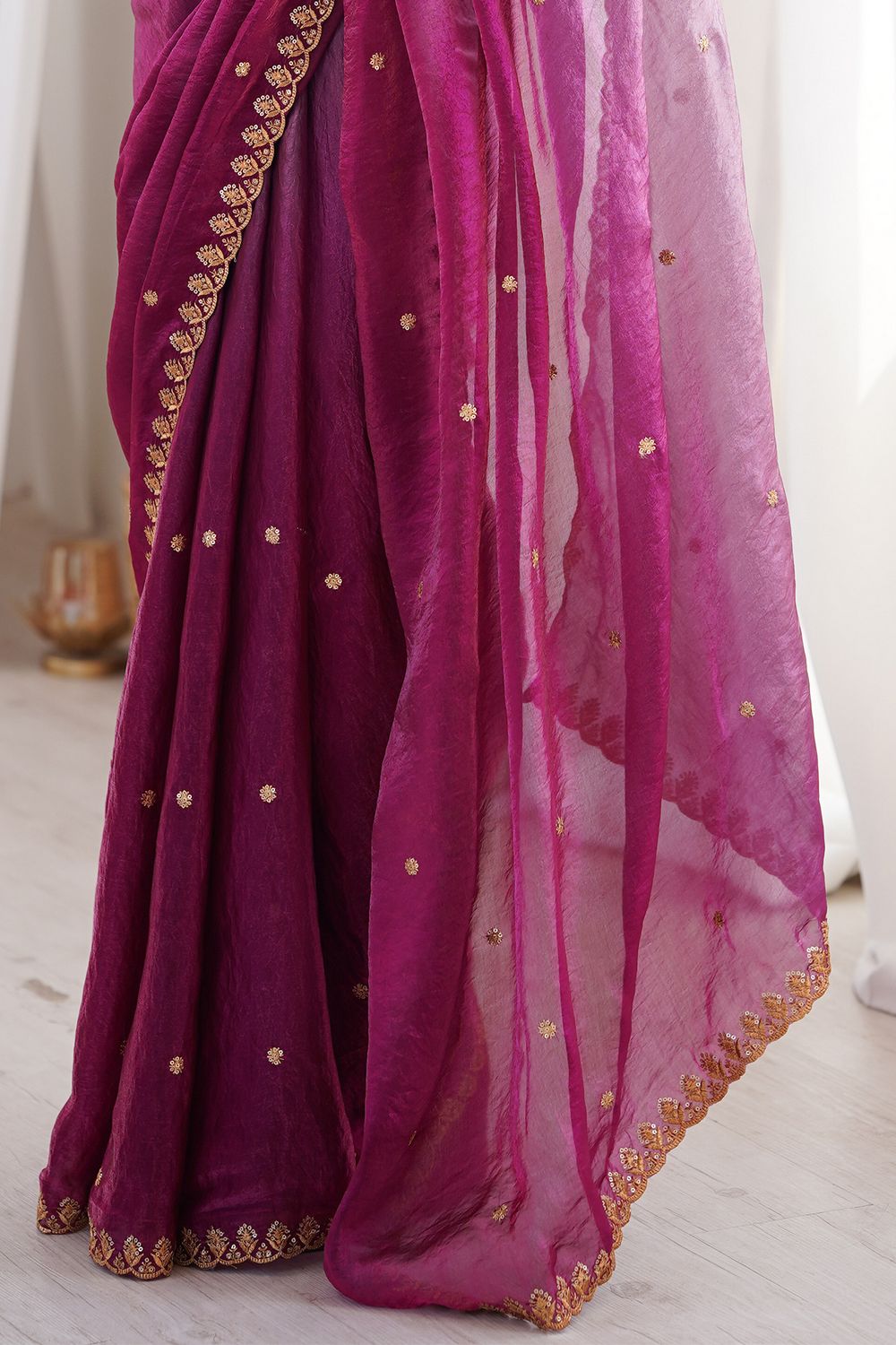 Jaslyn Magenta Ombre Satin Sequins Embellished Ready To Wear Saree