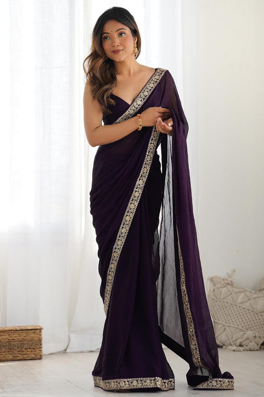 Gaia Purple Satin Silk Embellished Designer Border Ready to Wear Saree