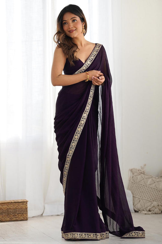 Gaia Purple Satin Silk Embellished Designer Border Ready to Wear Saree