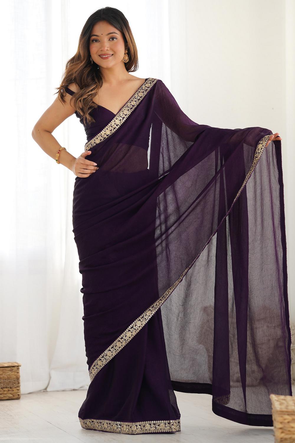 Gaia Purple Satin Silk Embellished Designer Border Ready to Wear Saree