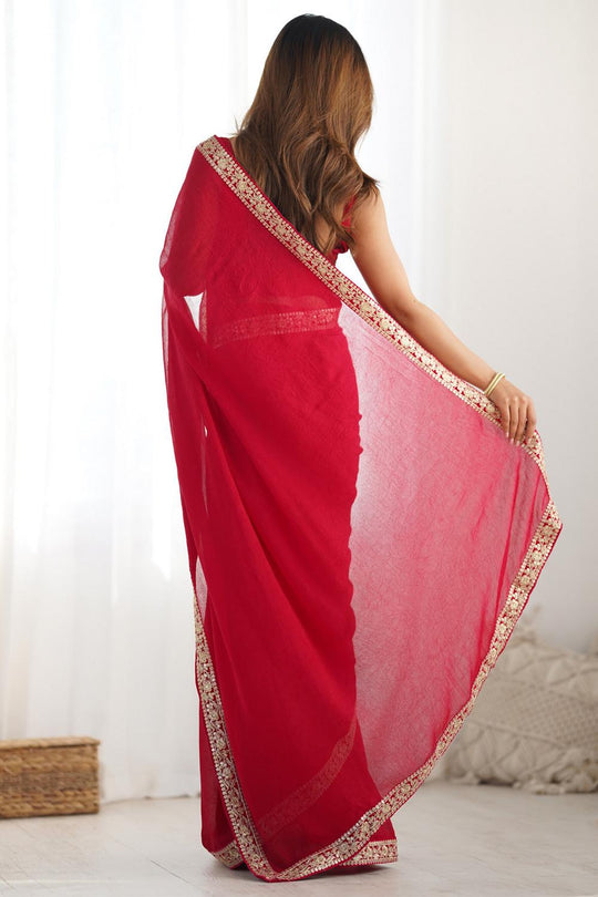 Gaia Red Satin Silk Embellished Designer Border Ready to Wear Saree