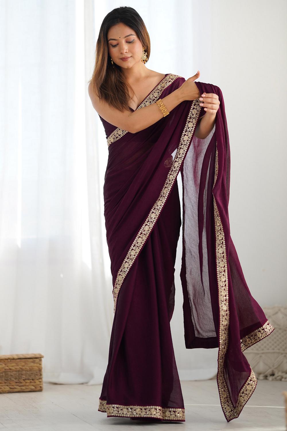 Gaia Deep Wine Satin Silk Embellished Designer Border Ready to Wear Saree