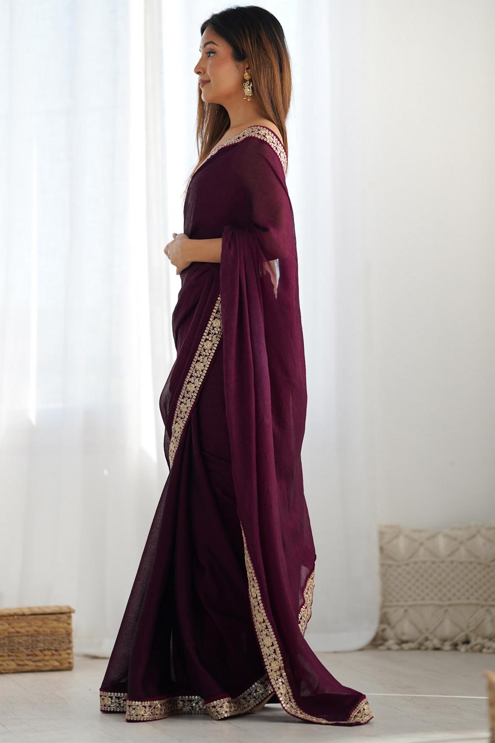 Gaia Deep Wine Satin Silk Embellished Designer Border Ready to Wear Saree