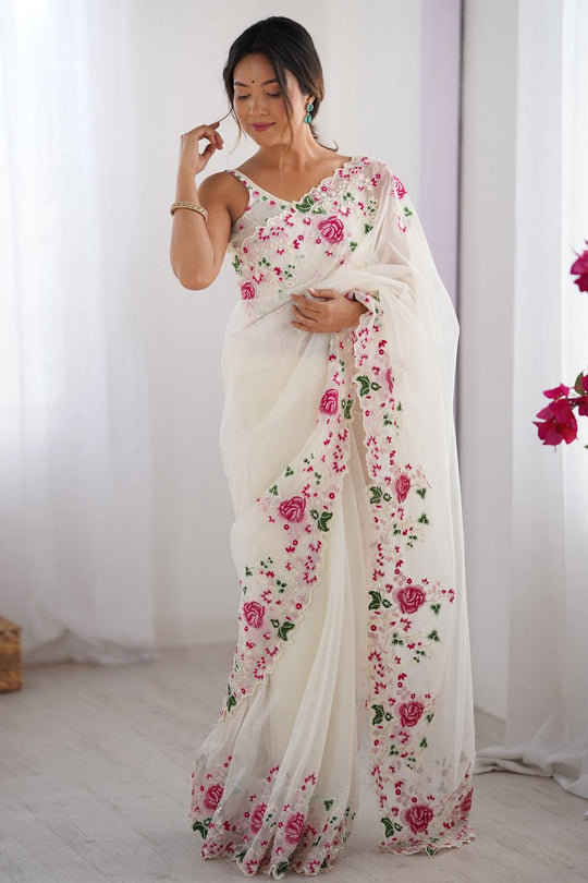 Avivah White Net Floral Embroidered Ready to Wear Saree