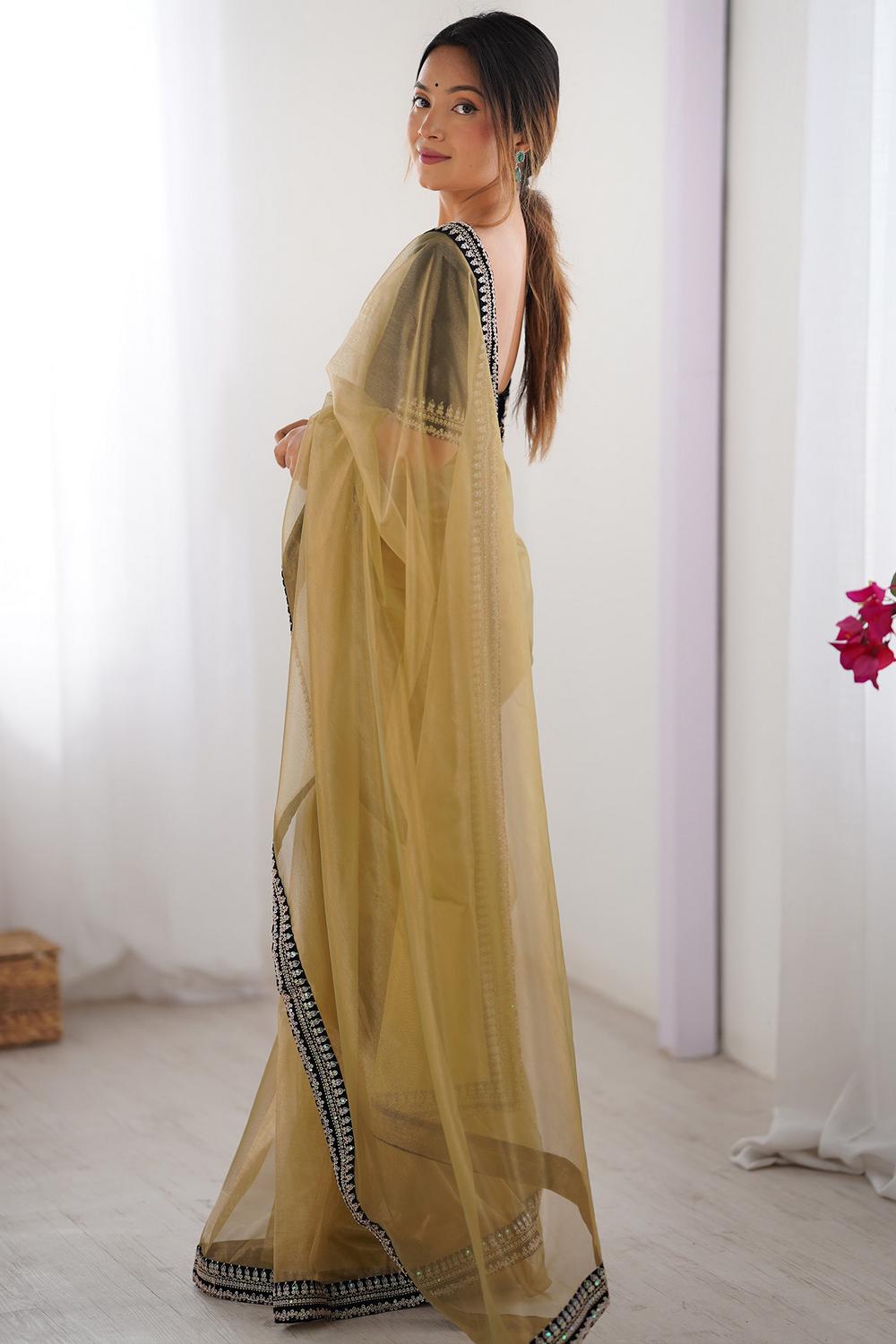 Eira Camel Brown Net Embellished Designer Border Ready to Wear Saree