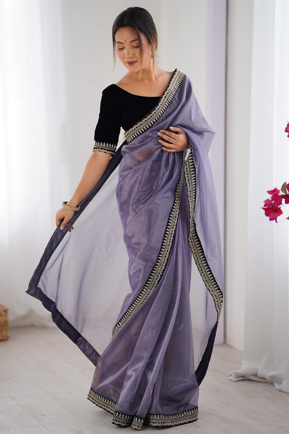 Eira Lavendar Net Embellished Designer Border Ready to Wear Saree