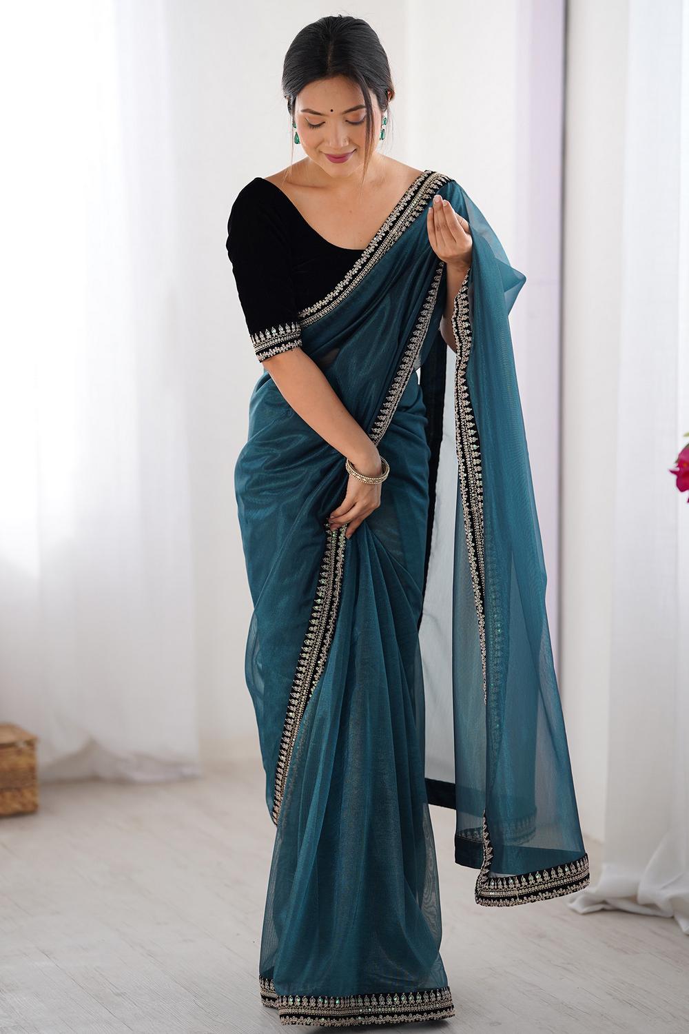 Eira Teal Blue Net Embellished Designer Border Ready to Wear Saree