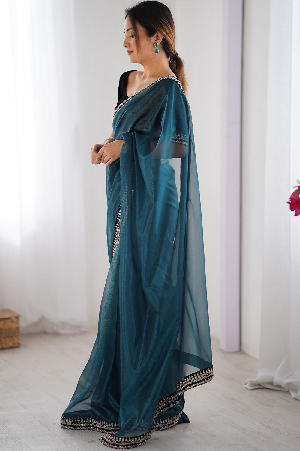 Eira Teal Blue Net Embellished Designer Border Ready to Wear Saree