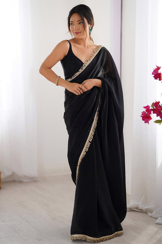Simran Satin Black Embellished Ready to Wear Saree