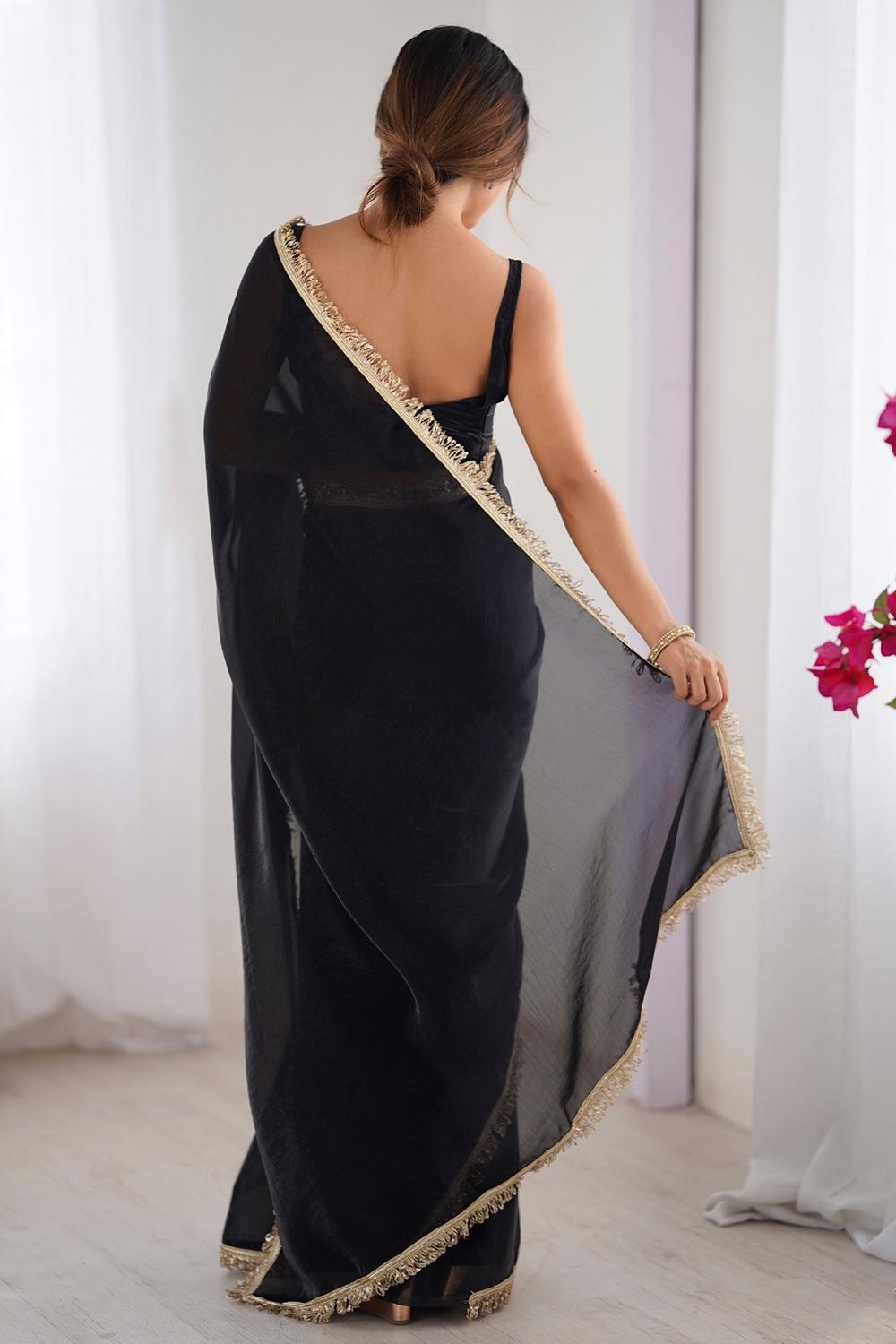 Simran Satin Black Embellished Ready to Wear Saree