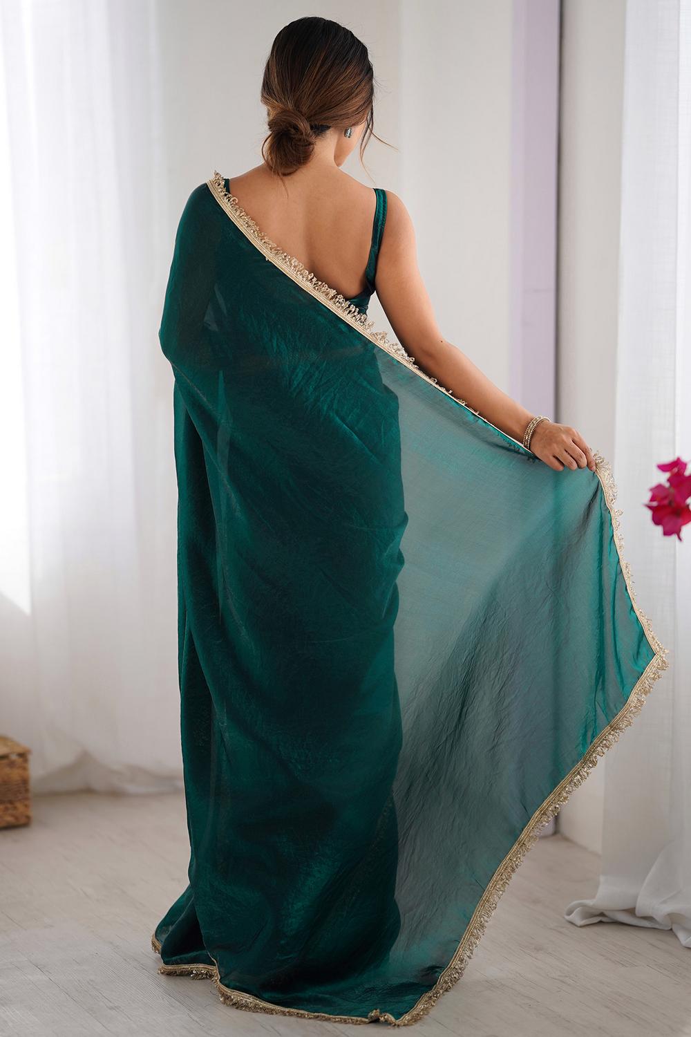 Simran Satin Teal Green Embellished Ready to Wear Saree