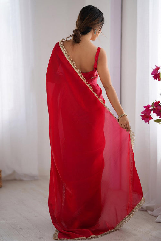 Simran Satin Red Embellished Ready to Wear Saree
