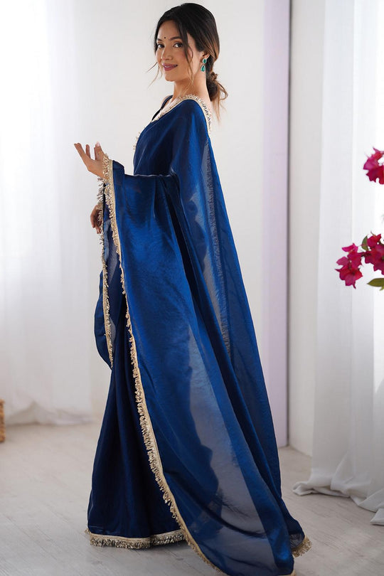 Simran Satin Teal Blue Embellished Ready to Wear Saree