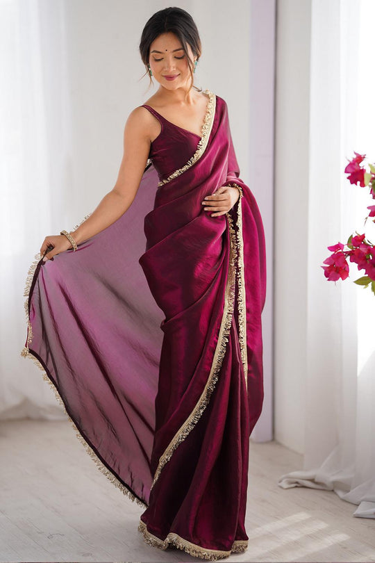 Simran Satin Maroon Embellished Ready to Wear Saree